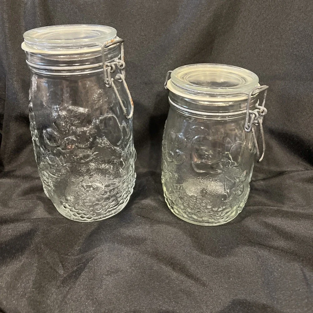 Wheaton 1.5‎ L & 1 L  Jars Canister Fruit Embossed Clear Glass Wire Clasp Seal
